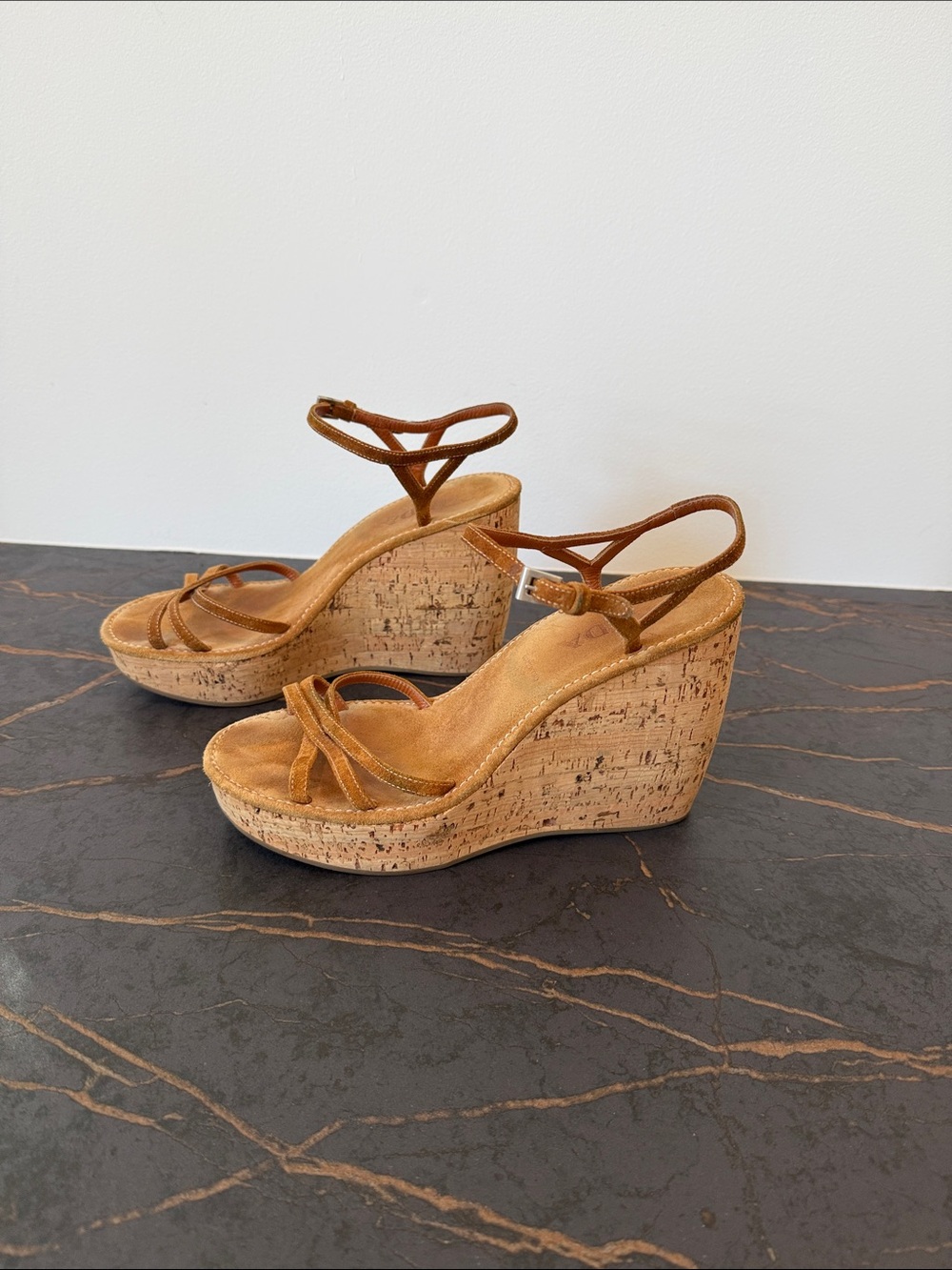 Prada Brown Tan Cork Wedge Sandals